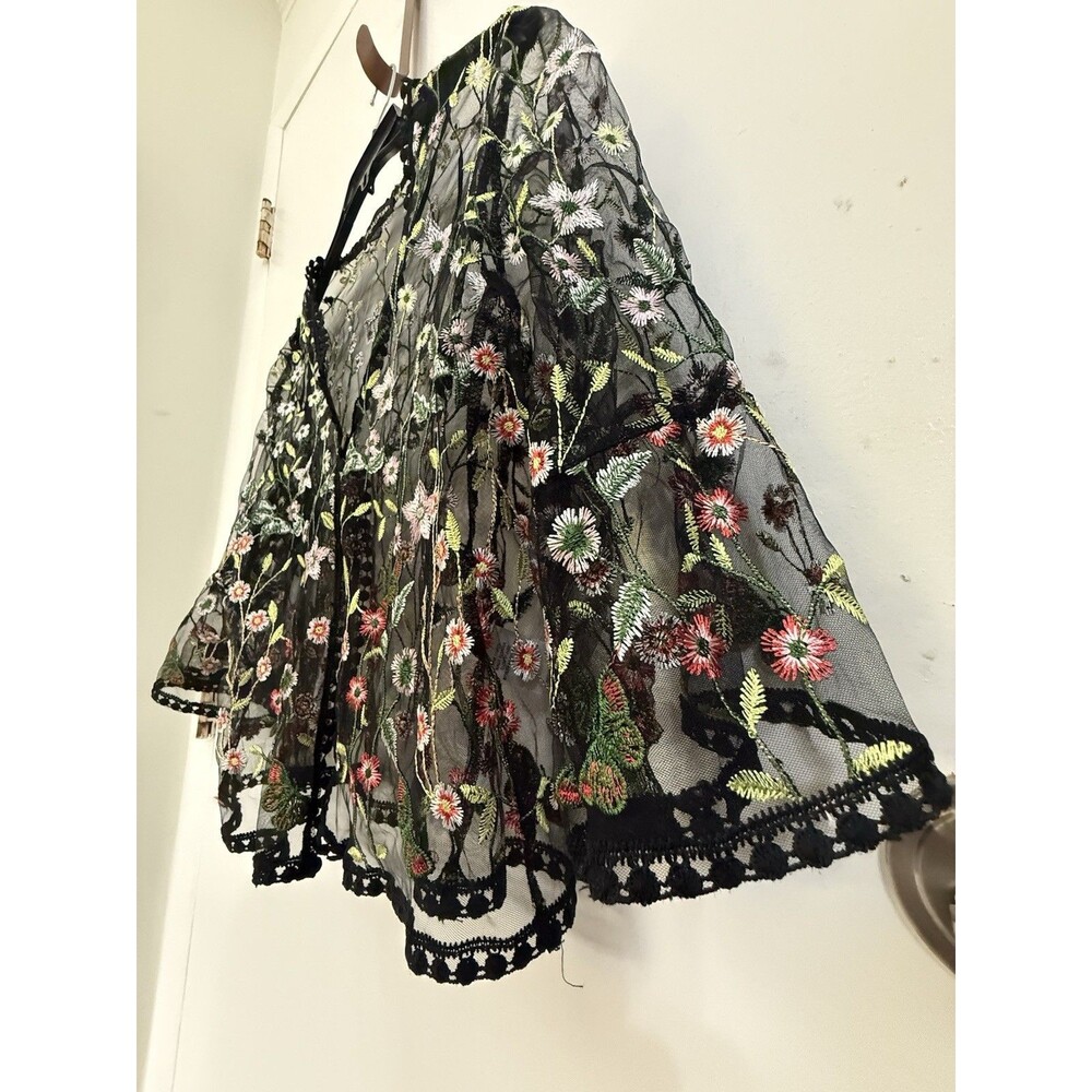 chris mclaughlin Floral Embroidered Sheer Black Kimono Top Large 3/4 Bell Sleeve - Picture 3 of 12